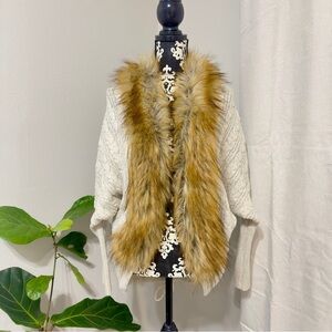 a.gain Women's Faux Fur Trimmed Knit Cream Cardigan Size S/M